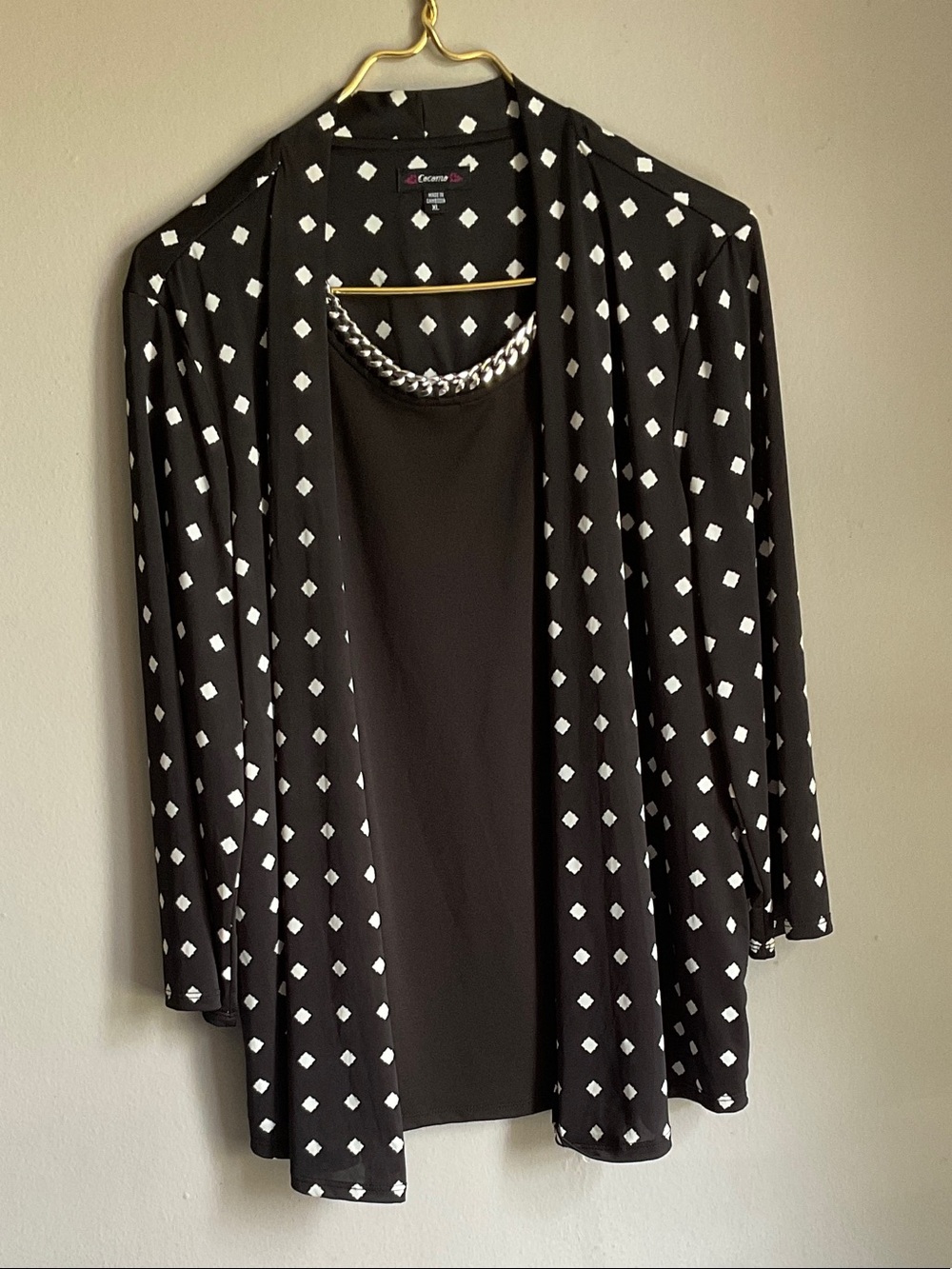 Cocomo Black and White Polka Diamond Open Cardigan with Tank